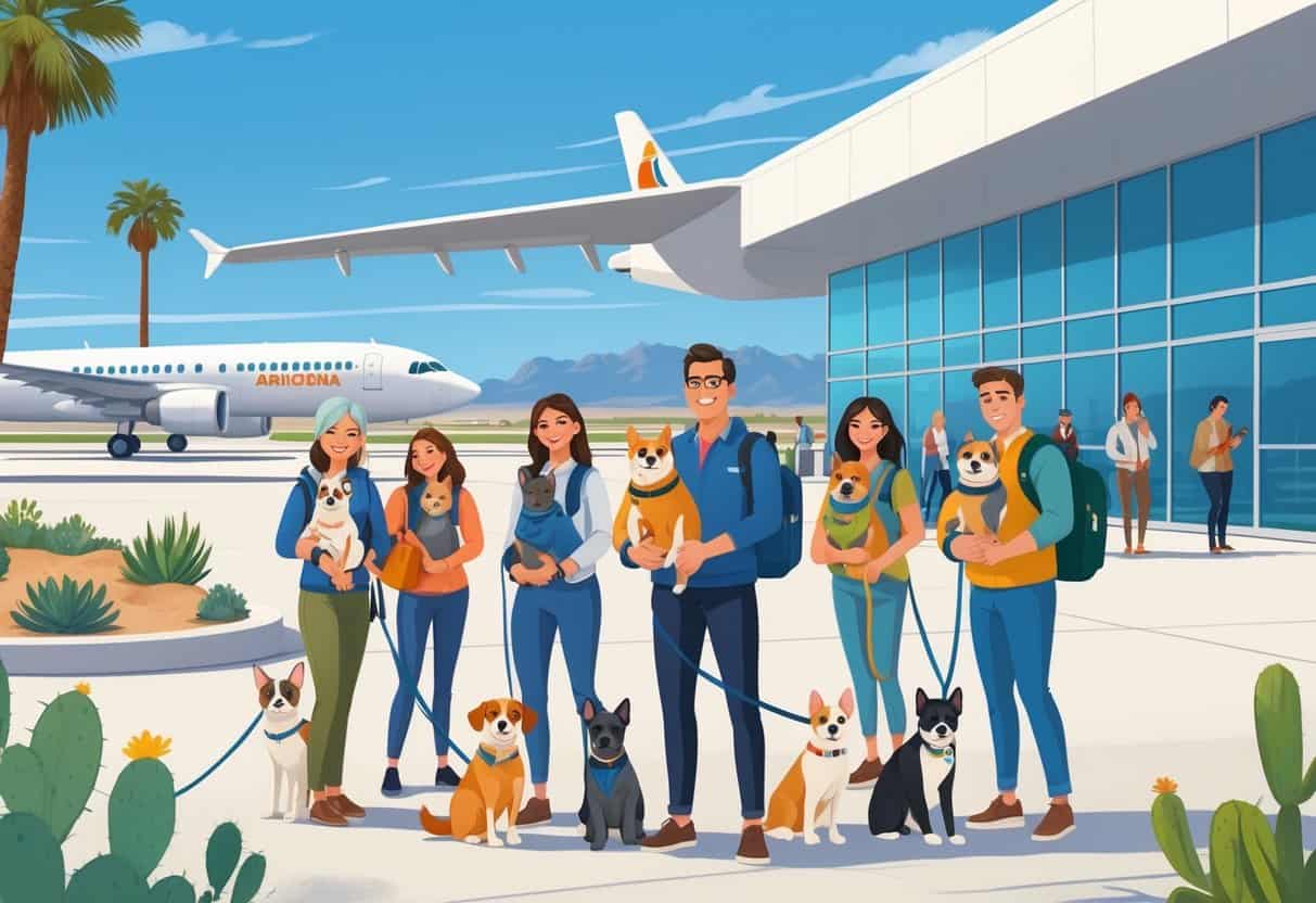 An airport scene in Chandler, Arizona, showing pet owners with their dogs and cats preparing to board airplanes, with desert plants and a modern terminal in the background.