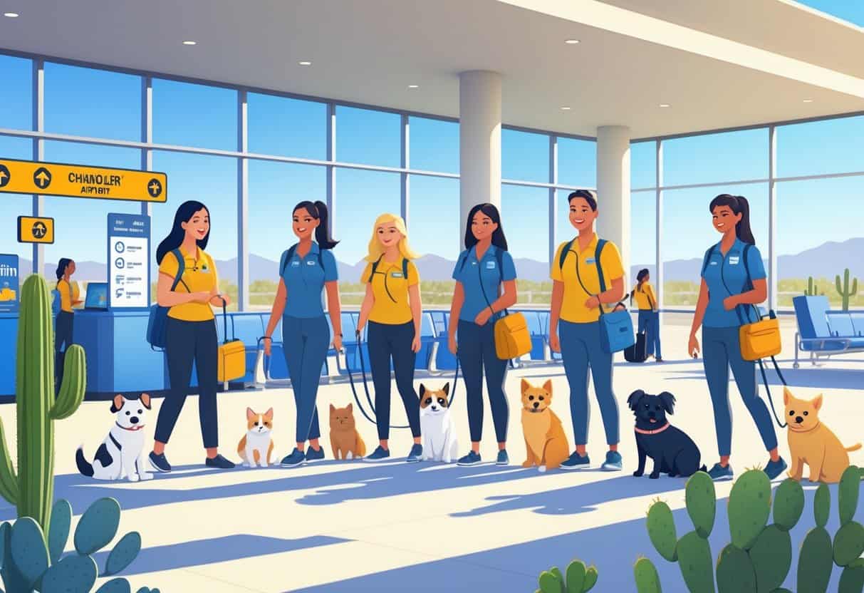 Airport scene in Chandler, Arizona with travelers and their pets, including dogs and cats, receiving assistance from airline staff near pet-friendly facilities.