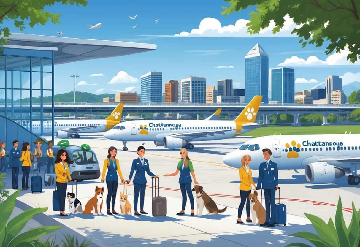 An airport scene in Chattanooga with pet owners and airline staff preparing to board flights with dogs and cats, with the city skyline and bridge in the background.