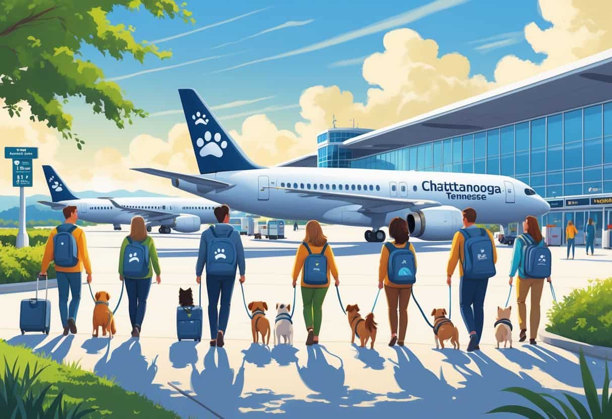 Travelers with pets walking towards airplanes at an airport with a view of the terminal and mountains in the background.