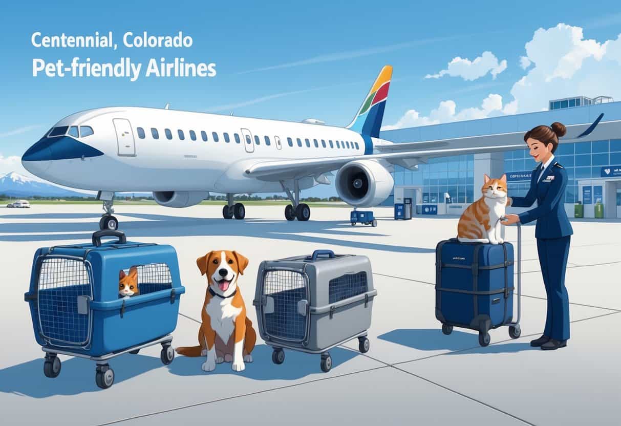 An airport scene showing a dog and cat in pet carriers on a luggage trolley with an airline staff member nearby and a plane and mountains in the background.