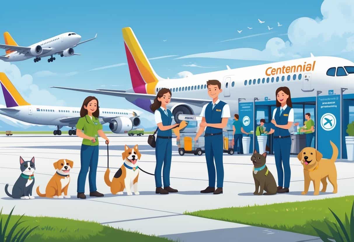 Pets and their owners being assisted by airline staff at an airport with airplanes and pet travel facilities visible.