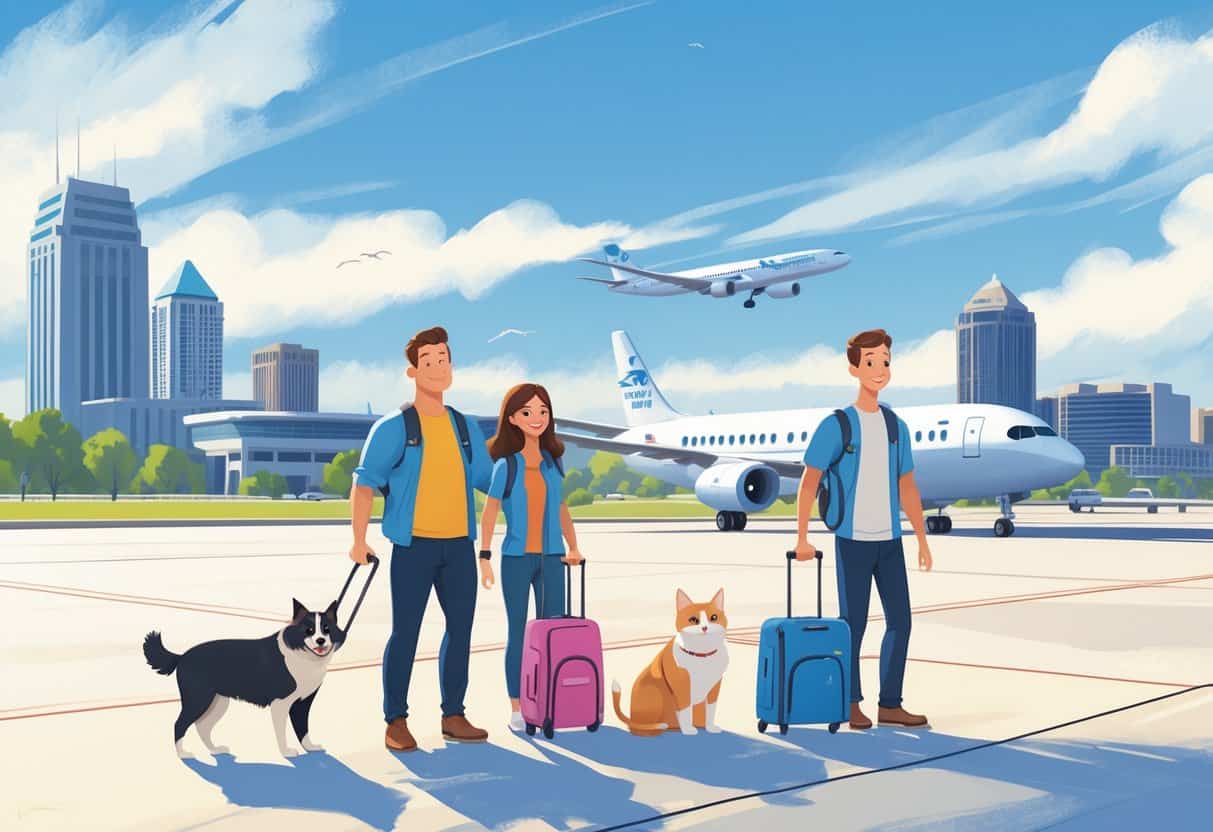 A family with a dog and cat at an airport near a plane, with Kansas City landmarks in the background.