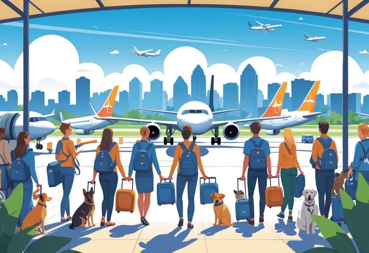 Travelers with pets at an airport in Kansas City, Missouri, preparing to board airplanes.
