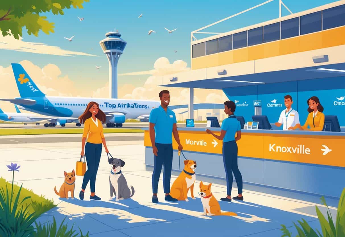 An airport scene in Knoxville with a family and their pets being assisted by airline staff near airplanes on the runway, showing a pet-friendly travel environment.