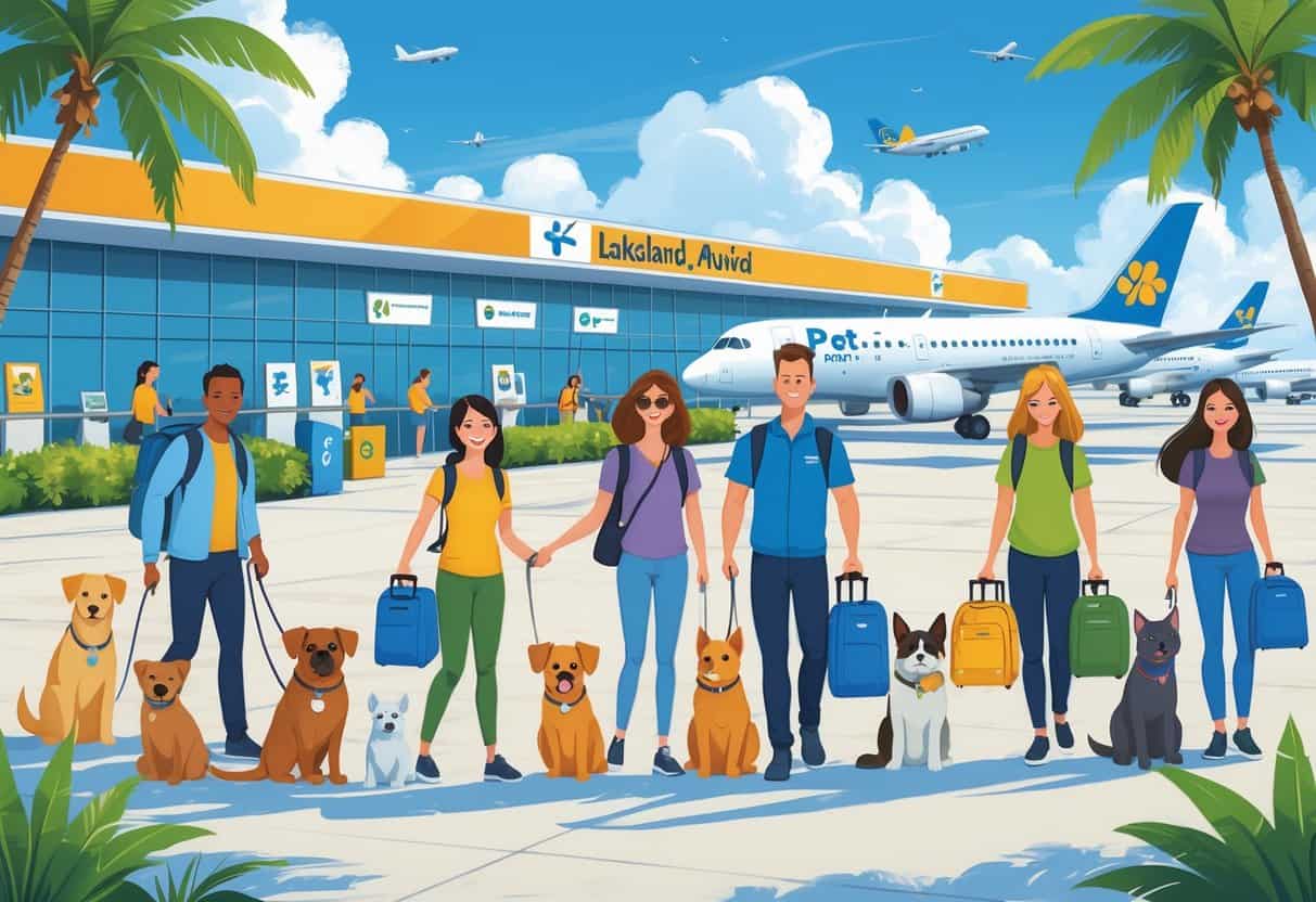 Travelers with pets at an airport in Lakeland, Florida, with airplanes and palm trees in the background.