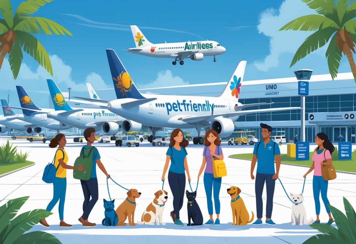 Travelers with pets at an airport in Lakeland, Florida, with airplanes and palm trees in the background.