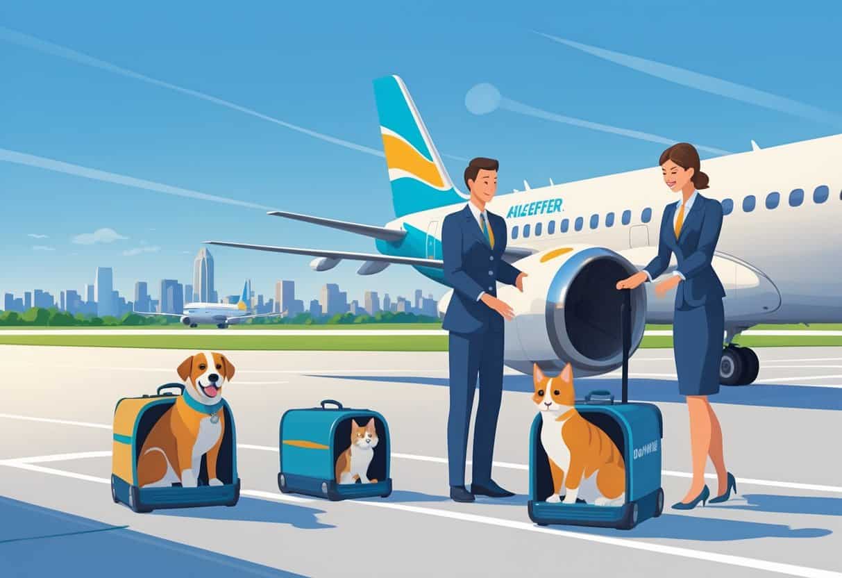 An airport scene showing a dog and cat in pet carriers with airline staff and pet owners, with a plane and Rochester city skyline in the background.