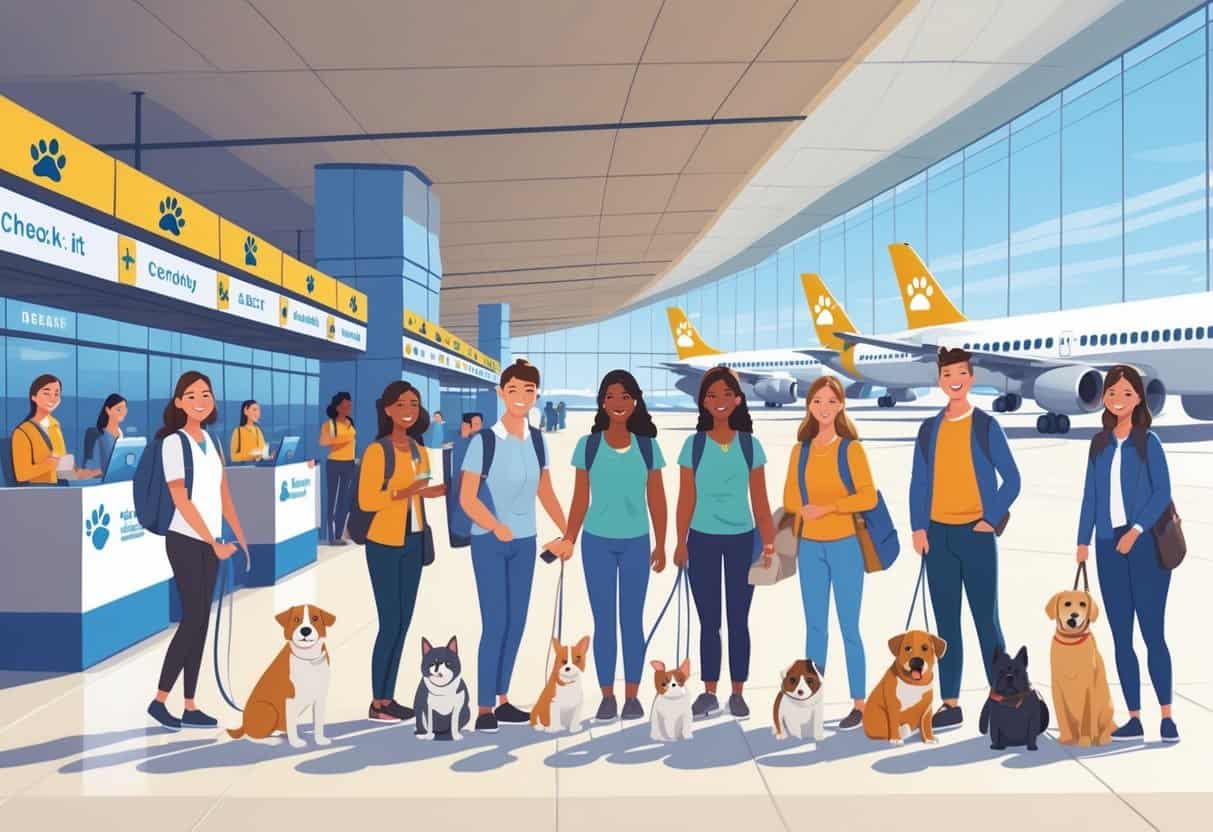 Travelers at an airport in Rochester, New York, with various pets including dogs and cats in carriers and on leashes, preparing for a flight with friendly airline staff and planes visible outside.