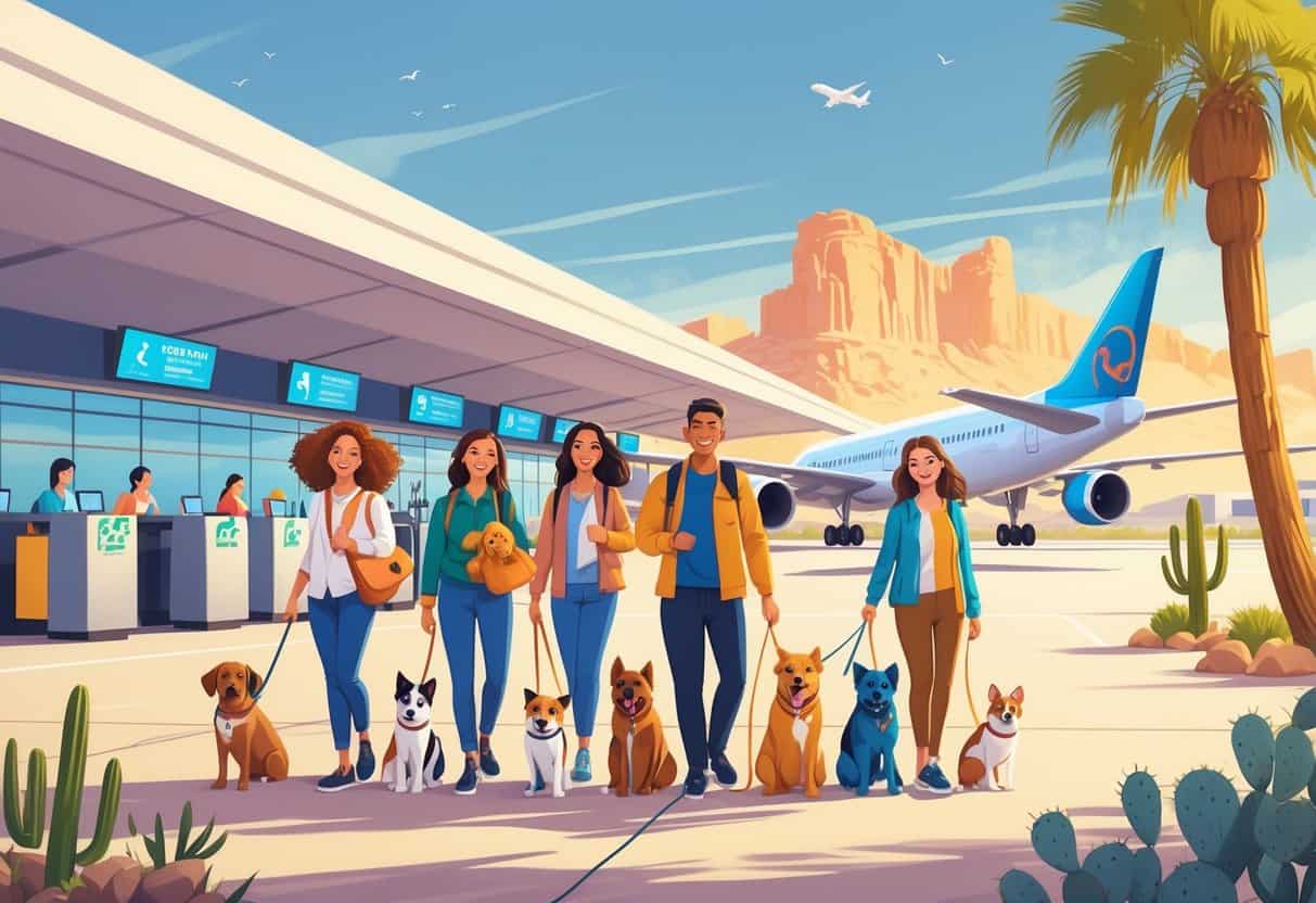 Travelers with pets at a sunny Phoenix airport, showing pets in carriers and an airplane on the runway with desert scenery in the background.