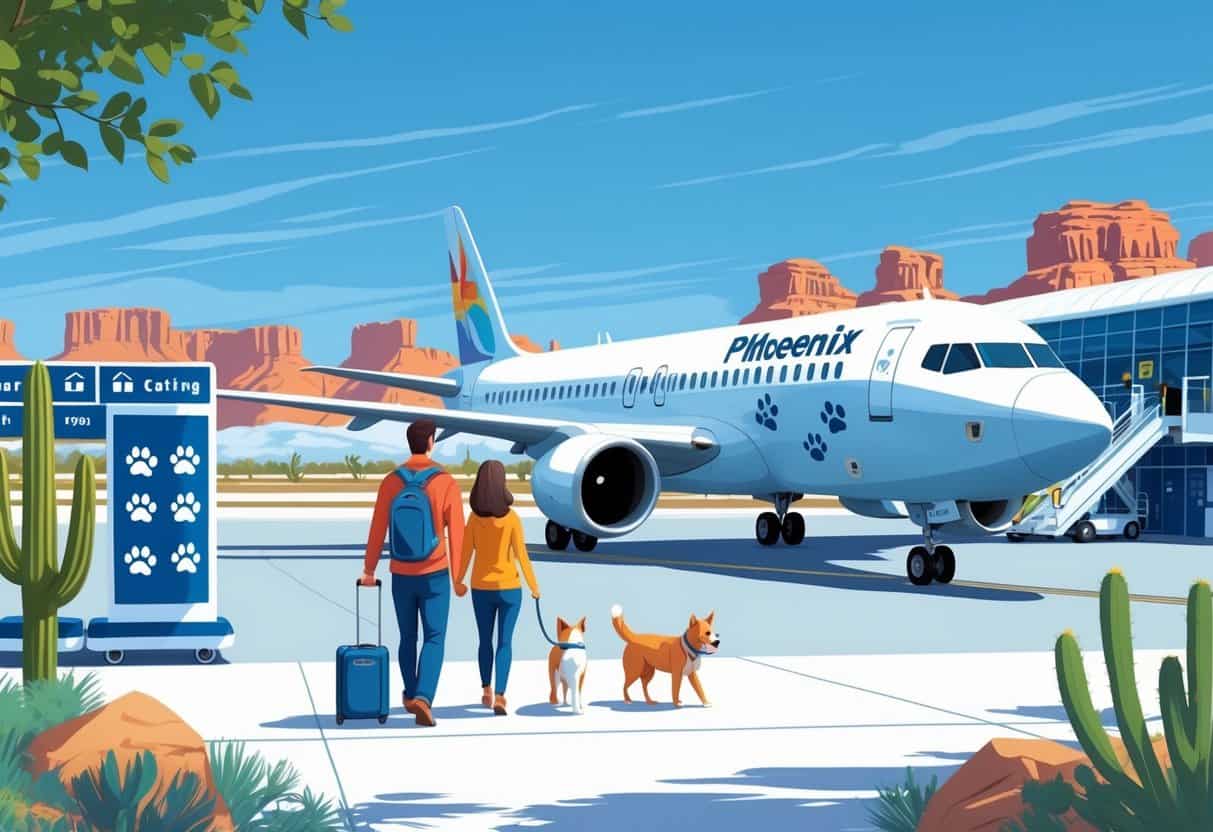 A family with a dog and cat walking toward an airplane at an airport with desert scenery in the background.
