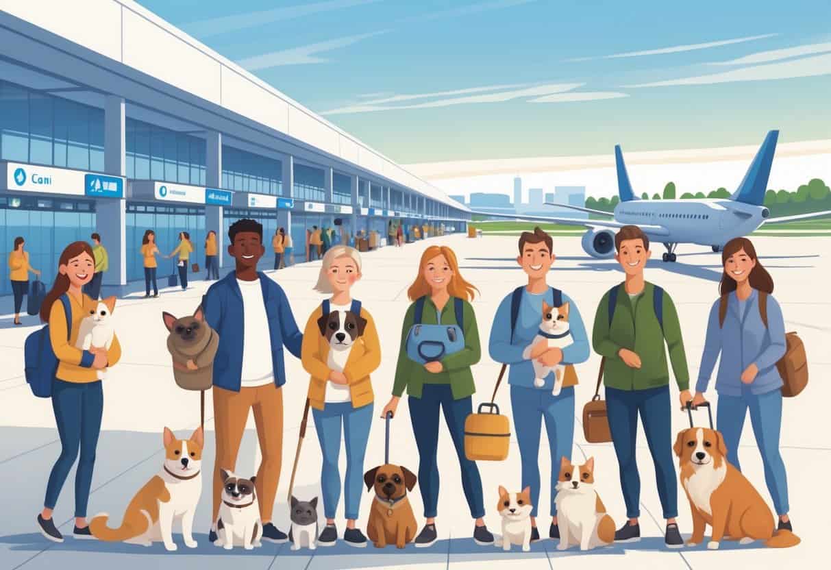Pet owners with their dogs and cats at an airport terminal preparing to travel by airplane.