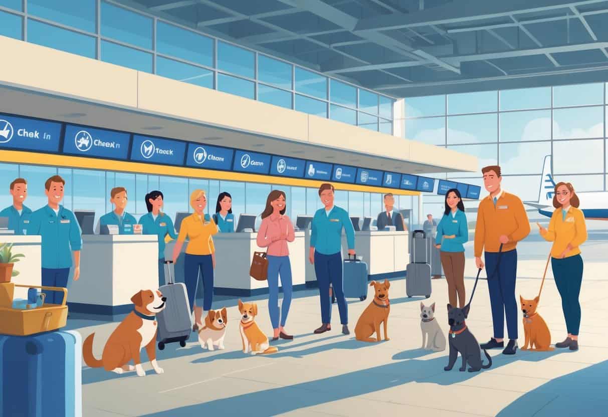 Travelers with pets at an airport check-in area with airline staff, pet carriers, and waiting areas, set in Saint Paul airport with planes visible outside.
