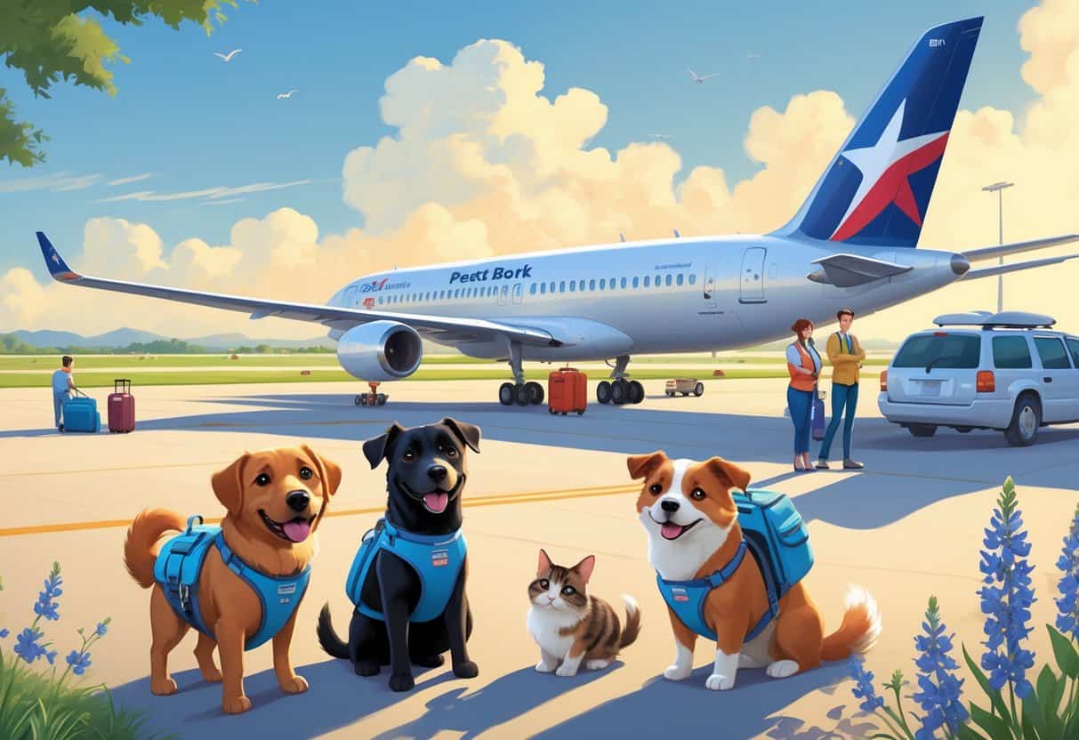 An airport scene near Round Rock, Texas, showing pets like a dog, cat, and rabbit ready to travel by airplane, with airline staff assisting them.