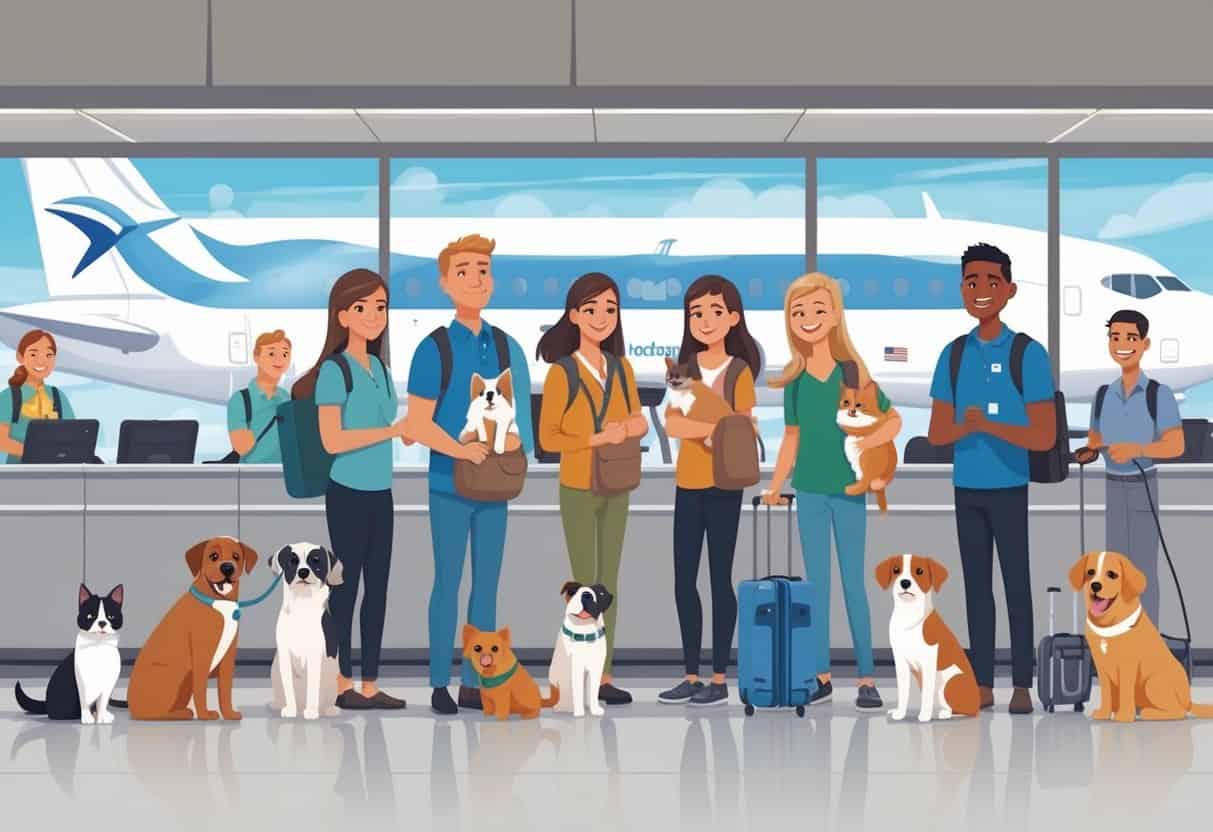Airport scene with pet owners and their pets preparing to travel, airline staff assisting, and airplanes visible through windows.