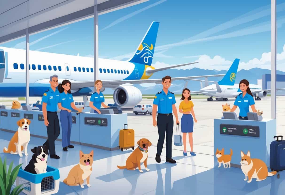 An airport scene showing pets and their owners being assisted by airline staff at pet travel check-in counters, with airplanes and mountains in the background.
