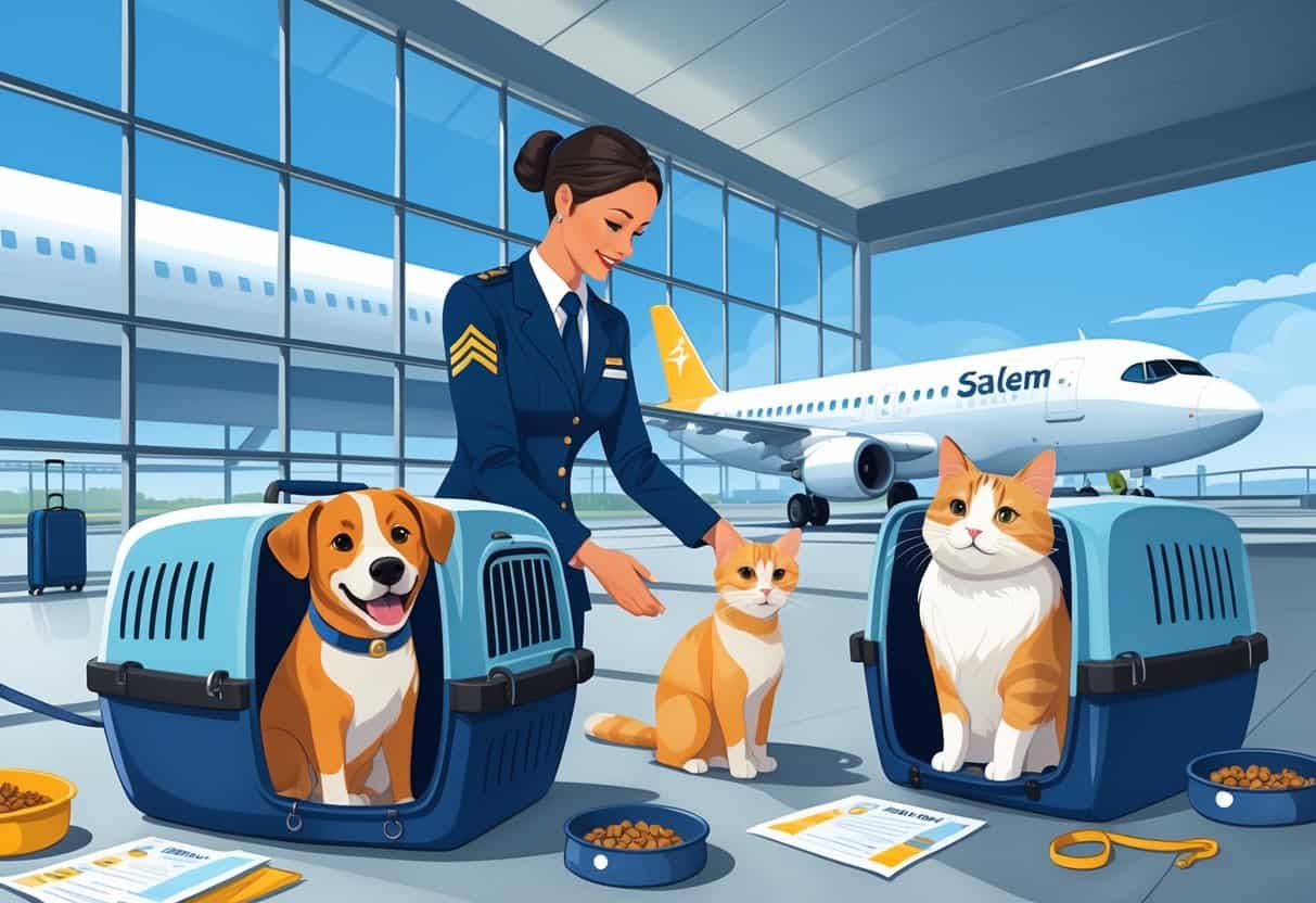 A dog and a cat in pet carriers at an airport terminal with an airline staff member nearby and an airplane visible outside the window.