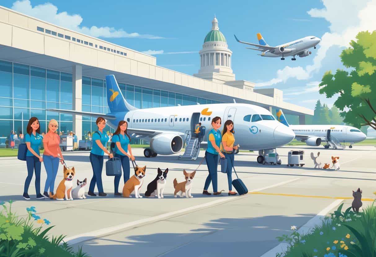 Pets and their owners being assisted by airline staff at an airport in Salem, Oregon, with airplanes and the Oregon State Capitol visible in the background.
