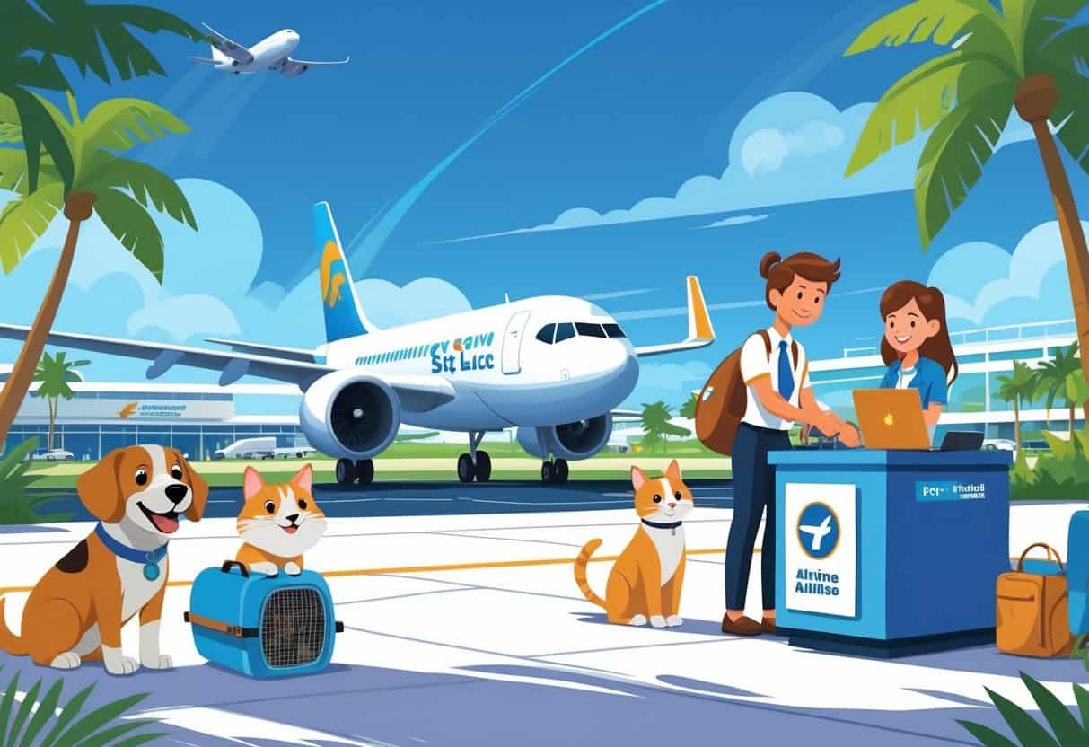 An airport scene at Port St. Lucie with a traveler and pets in carriers near an airline check-in counter, a plane on the runway, and palm trees in the background.