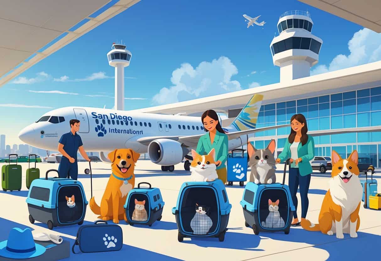 A scene at San Diego airport showing pets in carriers near an airplane with the city skyline and control tower visible in the background.