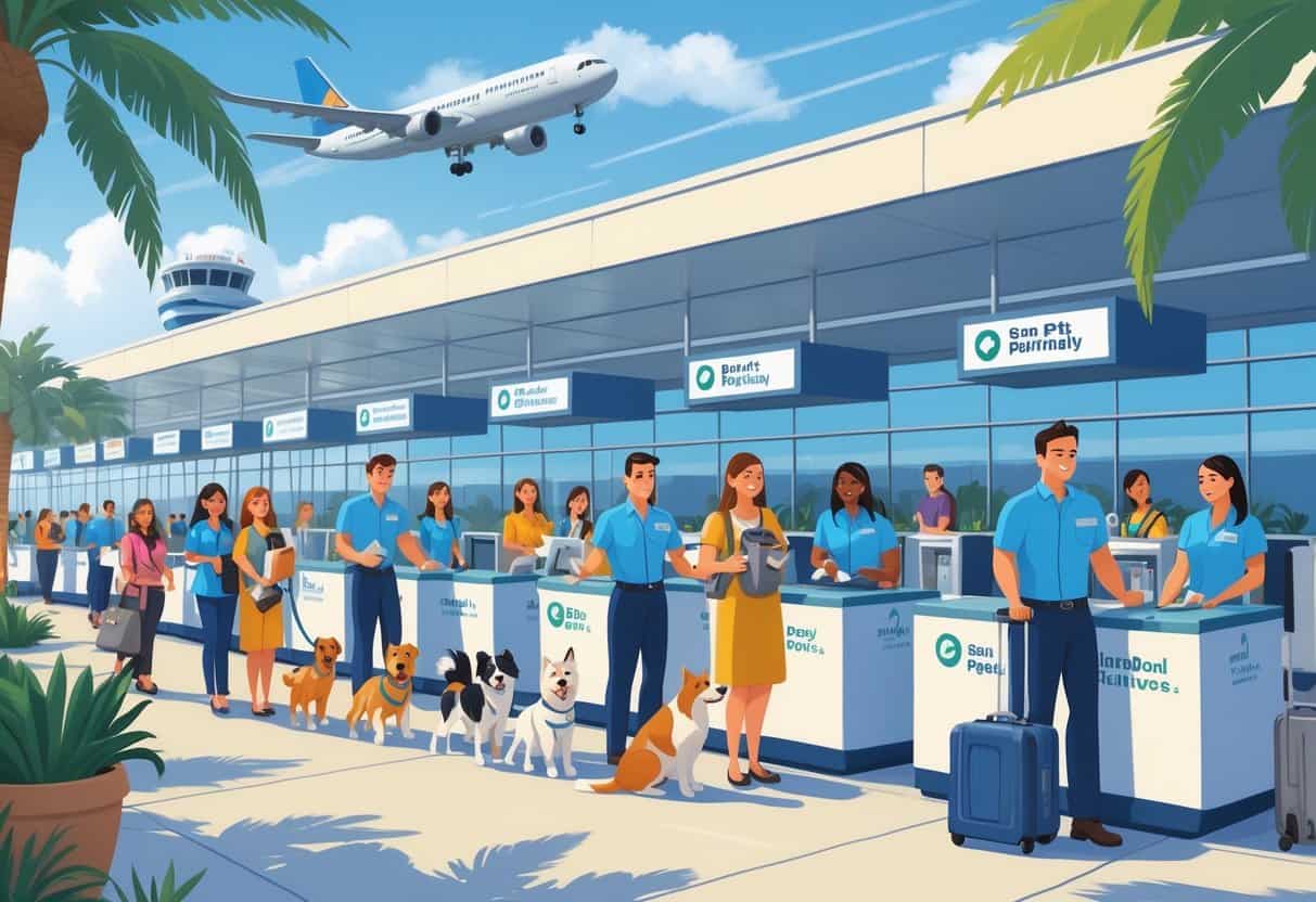 An airport scene at San Diego with travelers and airline staff assisting people traveling with pets, including dogs and cats, in a sunny outdoor terminal area with palm trees.