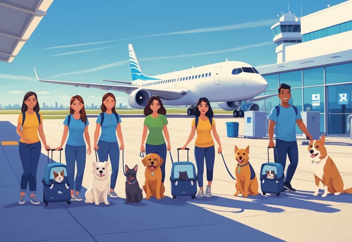 Pet owners with their dogs and cats at an airport in San Antonio preparing to board a plane, with the city skyline and tower visible in the background.