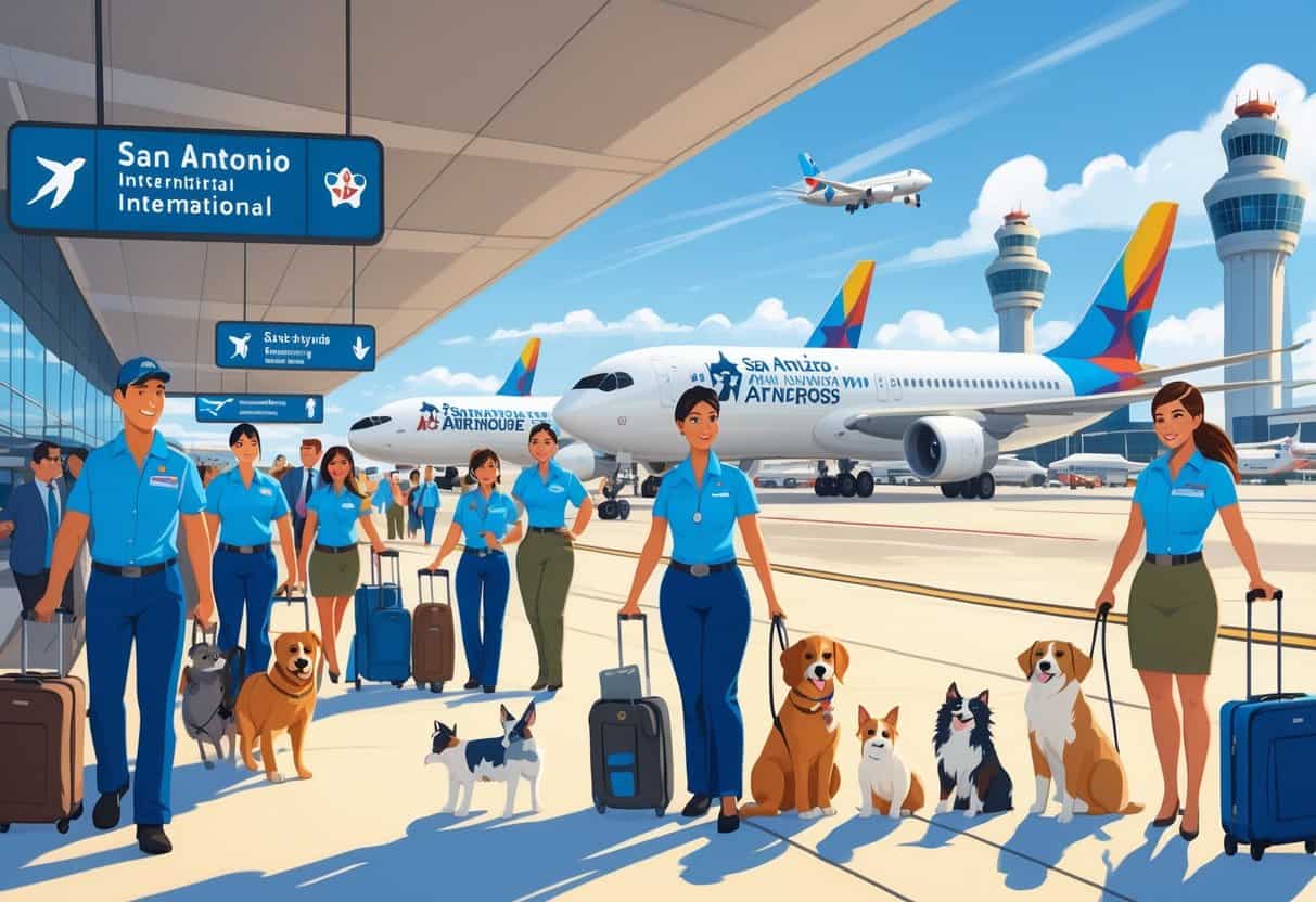A busy airport scene showing pet owners with dogs and cats preparing to board airplanes, with airline staff assisting them and a clear view of planes on the runway at San Antonio International Airport.