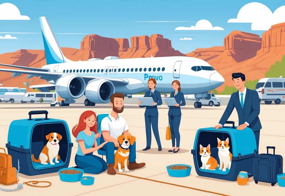 A family with pets at an airport near an airplane with mountains in the background, showing airline staff helping travelers with their pets.