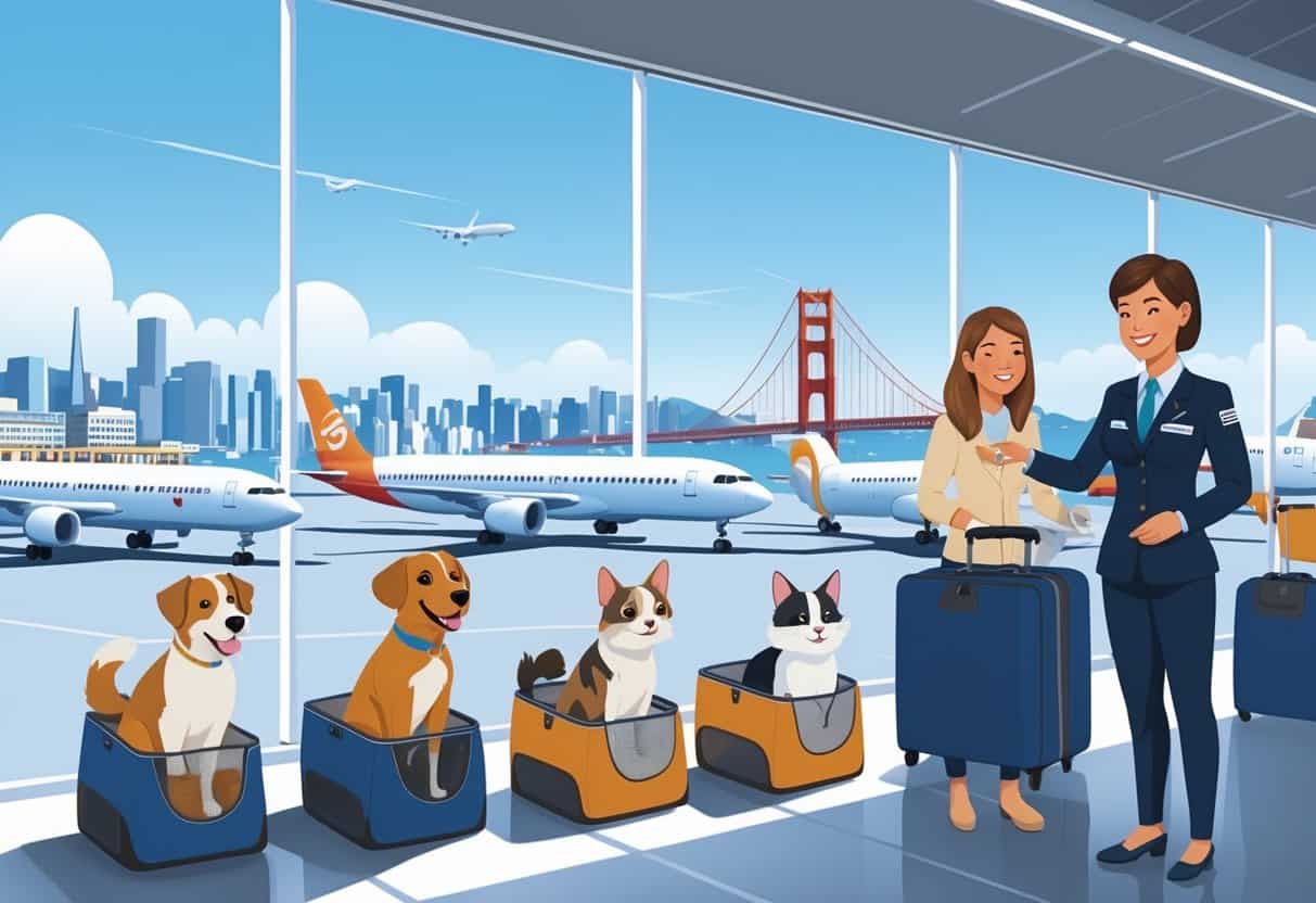 Pets in carriers with an airline staff member at San Francisco airport, with the Golden Gate Bridge and airplanes in the background.