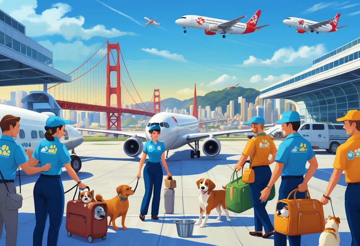 Travelers with pets at an airport near the Golden Gate Bridge and San Francisco skyline, with airplanes and airline staff assisting pet owners.