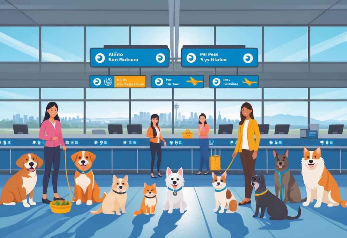 Airport scene showing people traveling with dogs and cats in carriers and on leashes, with airline counters and a city view in the background.