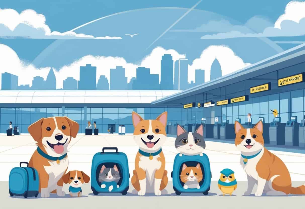 An airport scene in Raleigh showing happy pets with travel carriers near airline counters and a city skyline in the background.