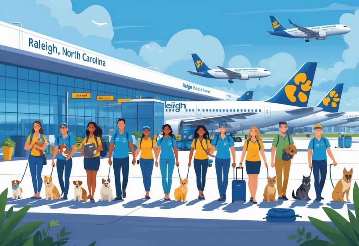 Travelers with pets at an airport in Raleigh, North Carolina, preparing to board planes with pet-friendly services.