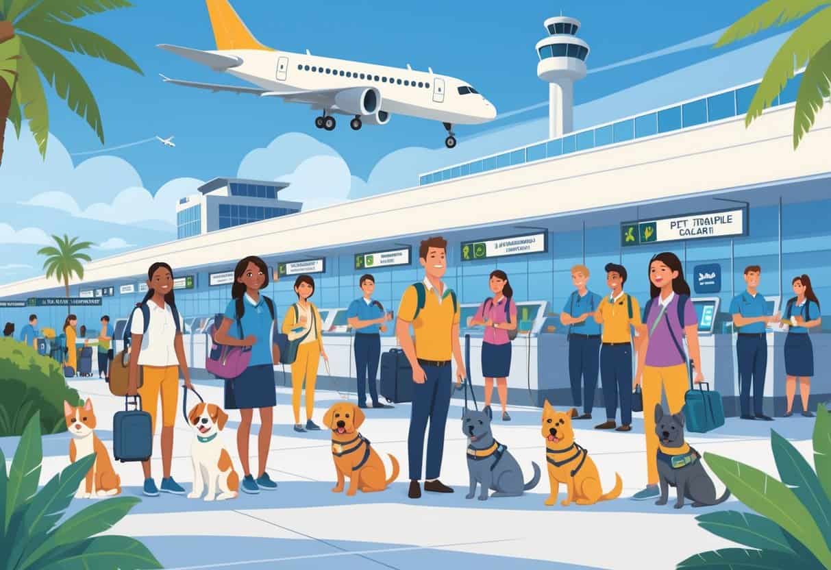 An airport scene in Santa Clara with travelers and their pets being assisted by airline staff near pet service areas.