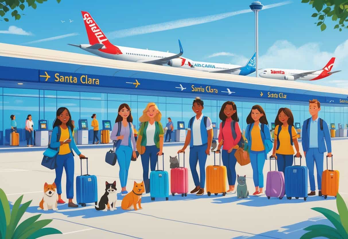 Travelers with pets at an airport terminal in Santa Clara, California, preparing to board airplanes.