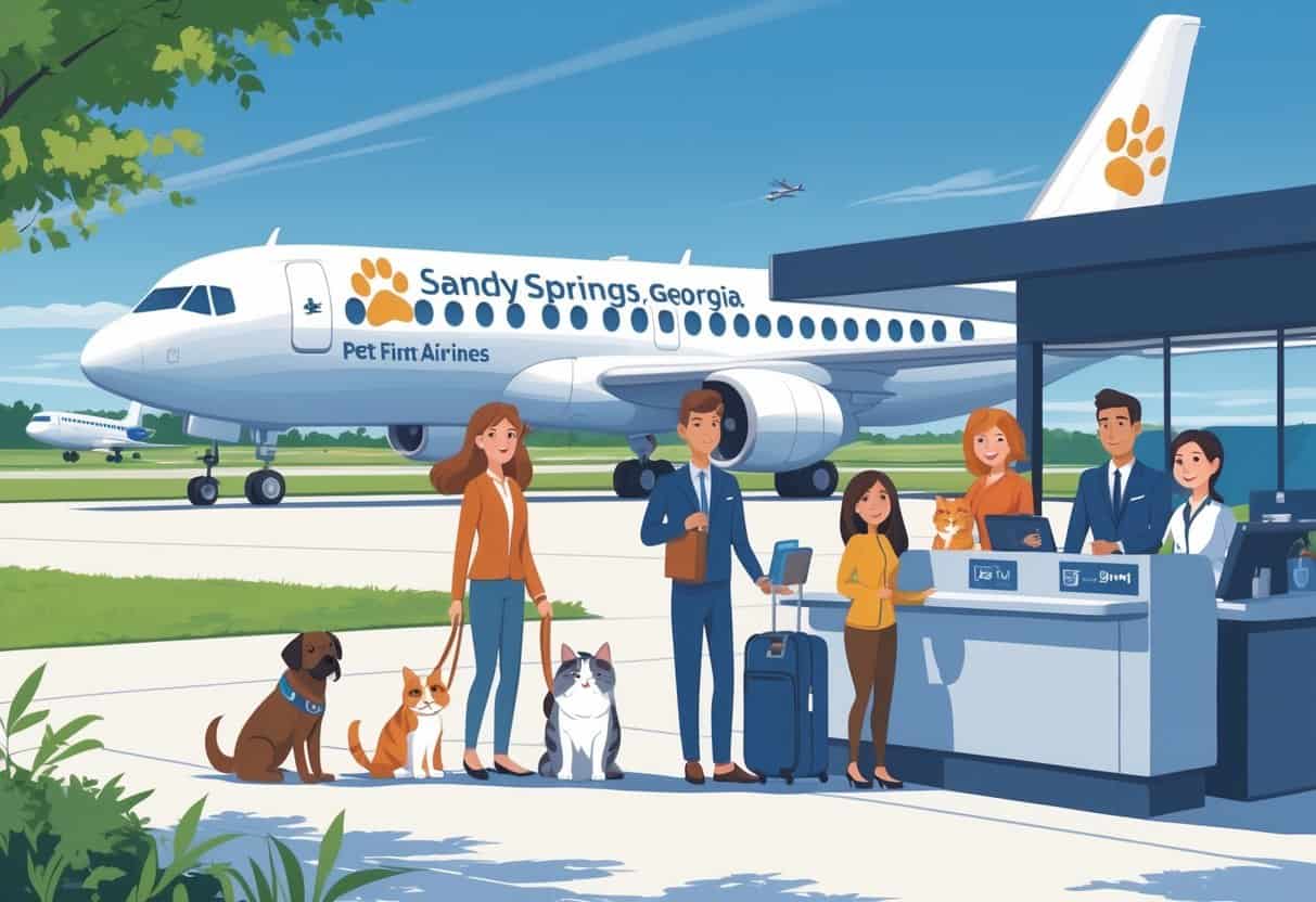 A family with pets at an airport check-in counter with a pet-friendly airplane in the background near green trees.