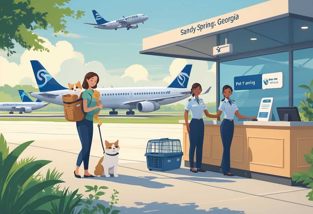 A traveler holding a small dog in a carrier and a cat in a crate at an airport pet check-in counter, with airline staff assisting and airplanes visible in the background.