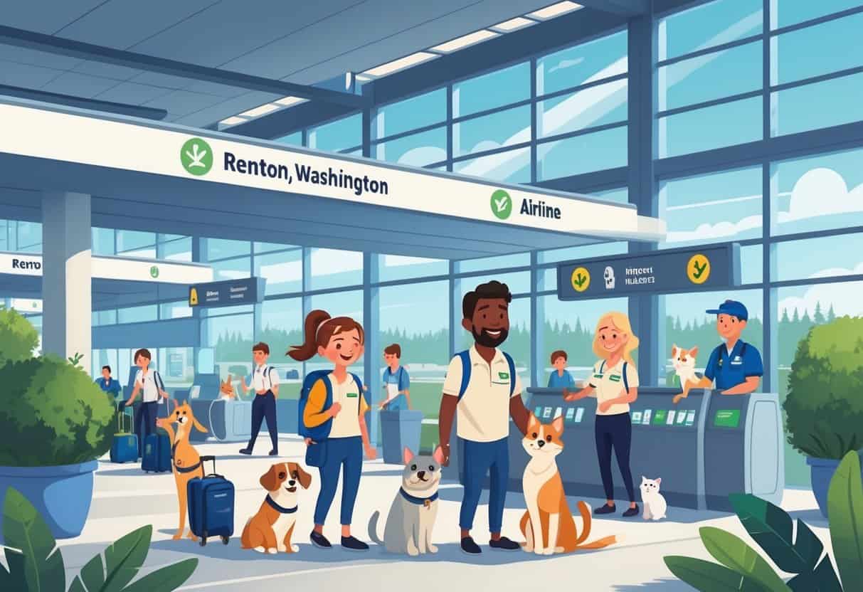 A family with pets at an airport terminal in Renton, Washington, being assisted by airline staff with pet travel arrangements.