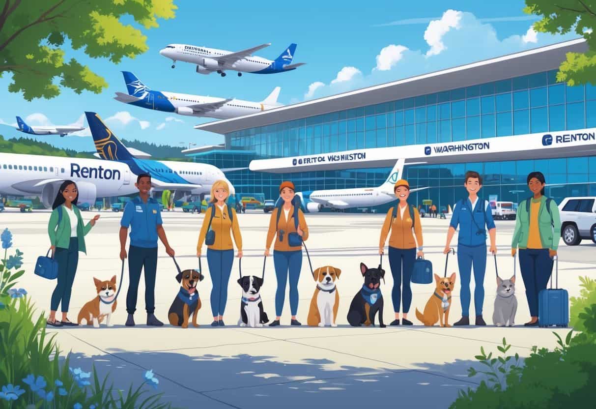 Travelers with pets at an airport in Renton, Washington, with airplanes and airport staff in the background.