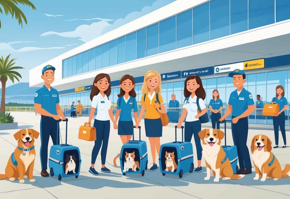 People with dogs and cats in carriers being assisted by airline staff at an airport terminal in Santa Rosa, California.