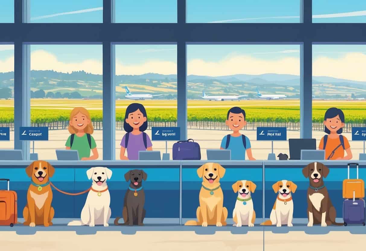 Travelers with pets waiting at an airport check-in area with a sunny California landscape visible through large windows.