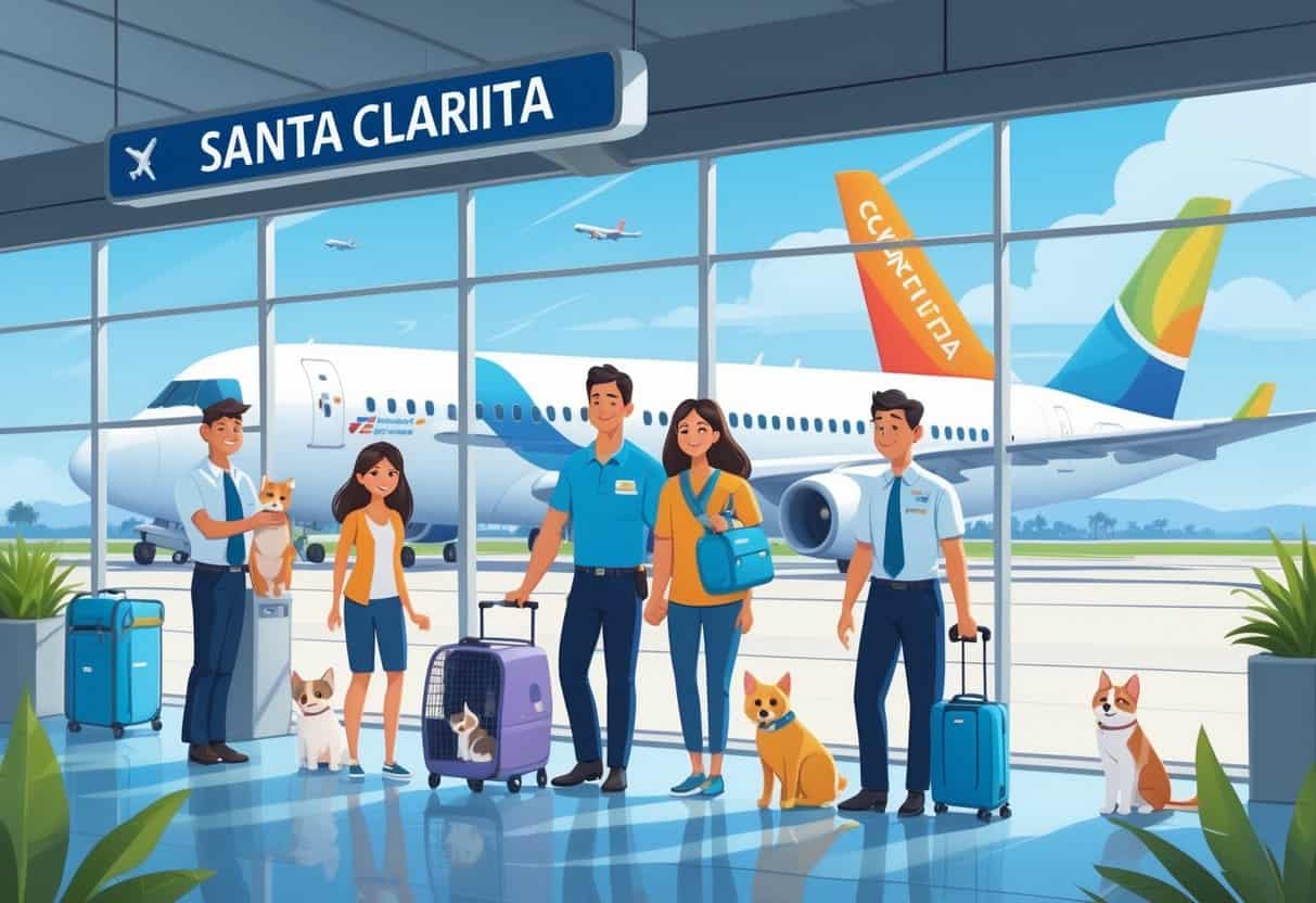 A family at an airport in Santa Clarita preparing to travel with their pets, including a dog, cat, and bird, with airline staff assisting nearby and airplanes visible outside.