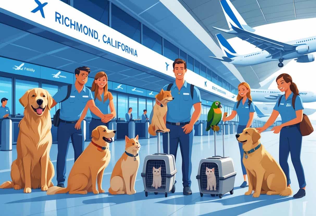 A family at an airport with their pets being assisted by airline staff near airplanes preparing for boarding.