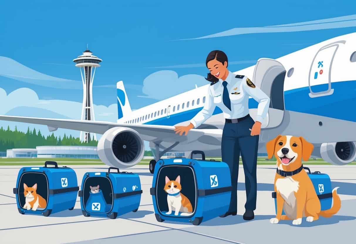 A dog and cat in pet carriers being assisted by an airline staff member at an airport with an airplane, the Seattle Space Needle, and Mount Rainier visible in the background.