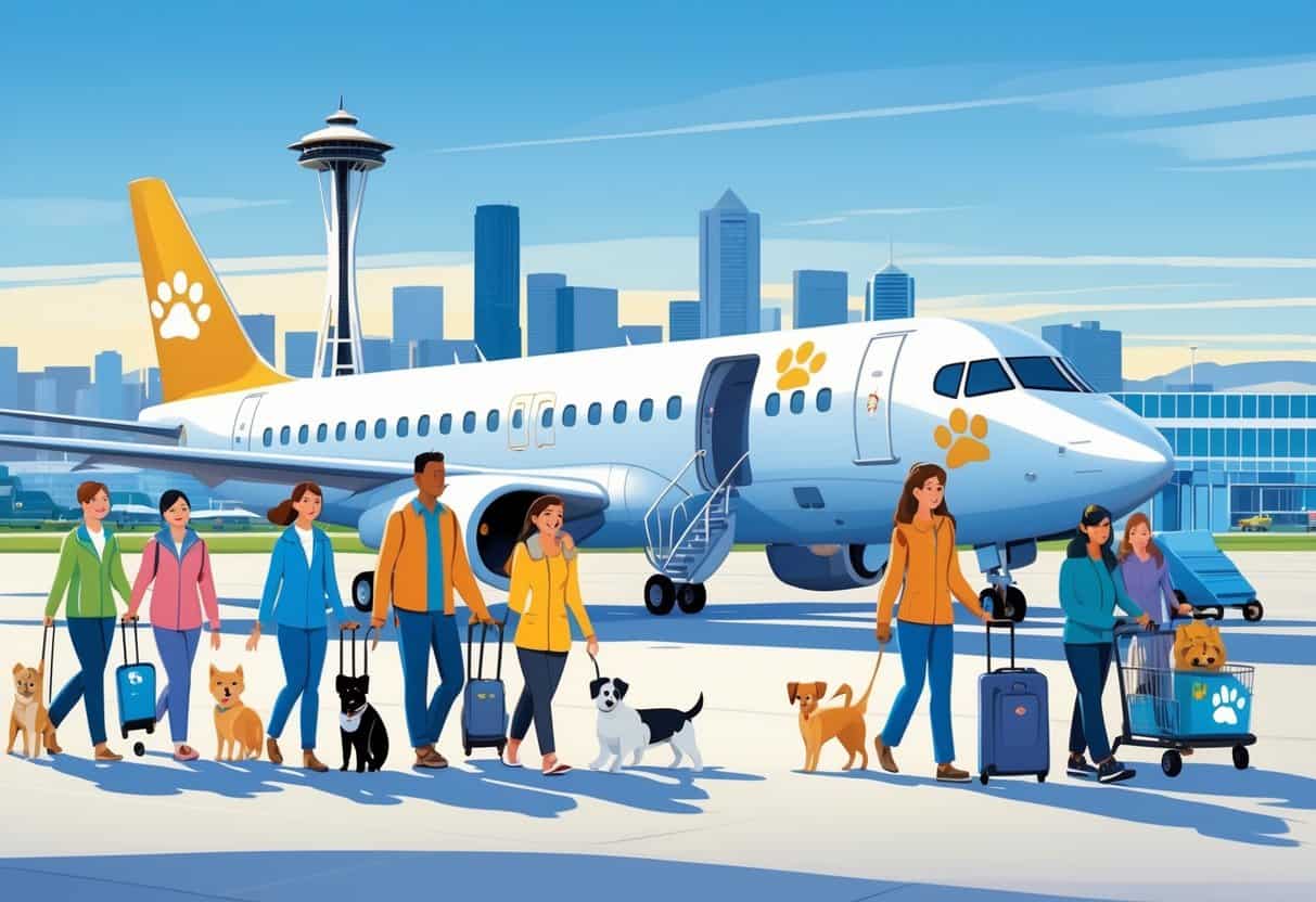 Travelers with pets walking towards an airplane at Seattle airport with the city skyline and Space Needle in the background.