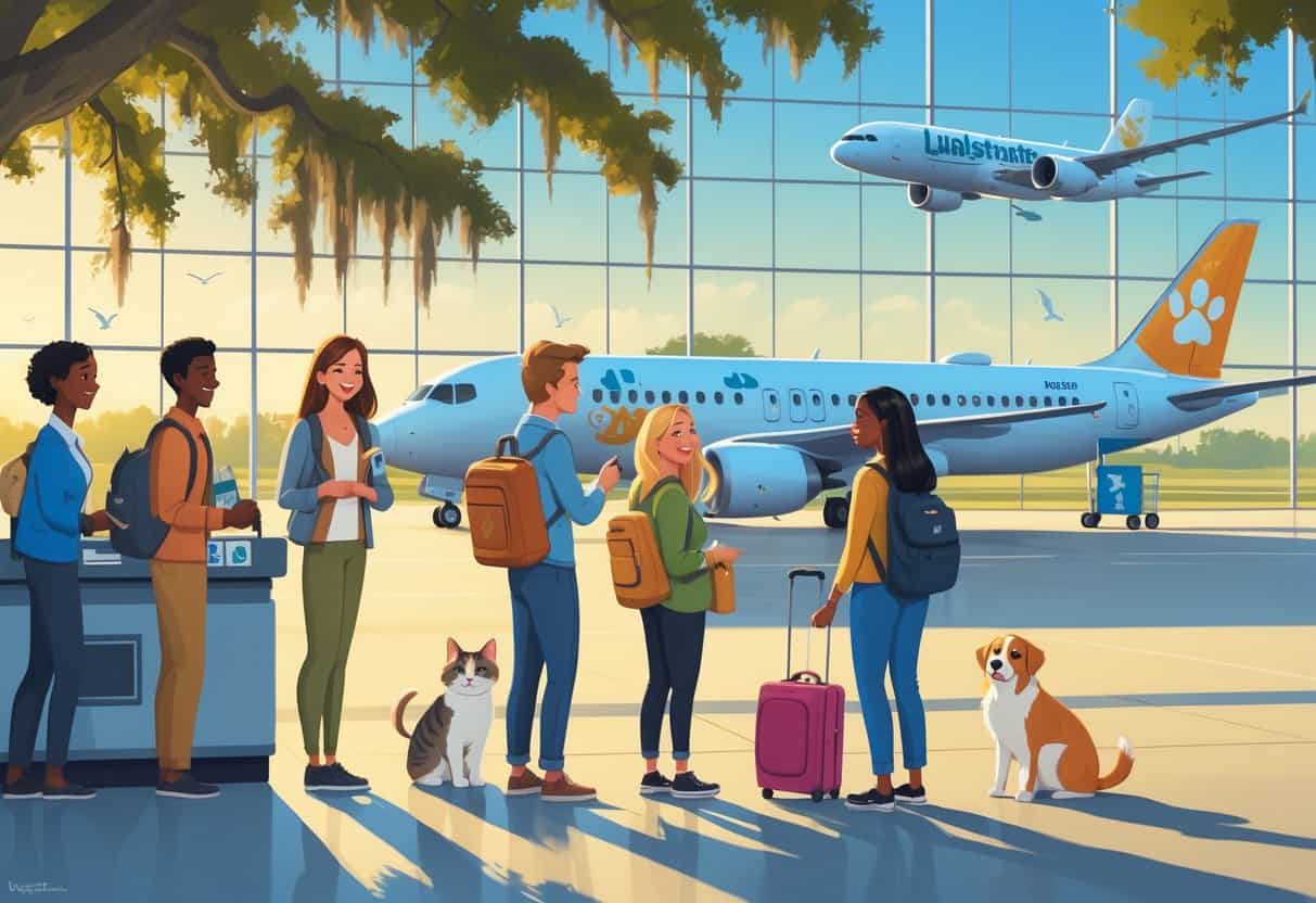 Travelers with pets at an airport check-in counter in Savannah, Georgia, with an airplane featuring paw print logos visible outside the terminal.