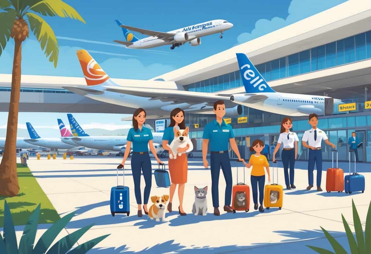 A family with pets at an airport terminal in Riverside, California, being assisted by airline staff near pet-friendly airline planes.
