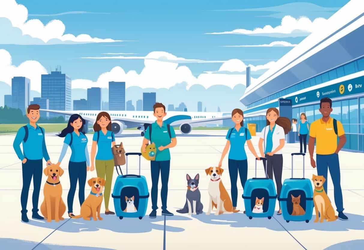 An airport scene in Sioux Falls with pet owners and their dogs and cats preparing to board a plane, with city landmarks in the background.