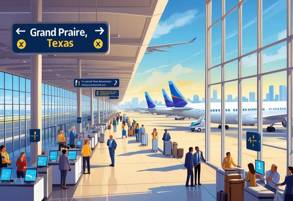 An airport terminal in Grand Prairie, Texas, showing travelers and airline staff managing flight cancellations with airplanes visible outside large windows.