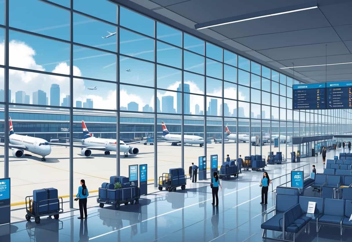 An airport terminal in Houston with airplanes at gates, passengers waiting calmly, and staff assisting amid flight delays.